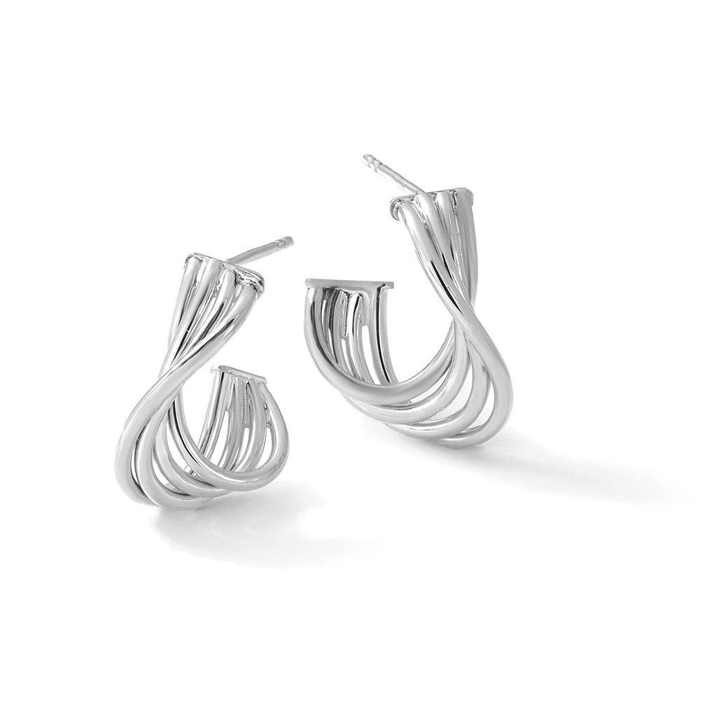 10K Yellow Gold Or Rhodium Plated Polished 3-Row Twist J-Hoop Post Earrings