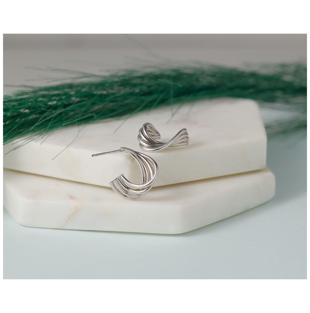 10K Yellow Gold Or Rhodium Plated Polished 3-Row Twist J-Hoop Post Earrings
