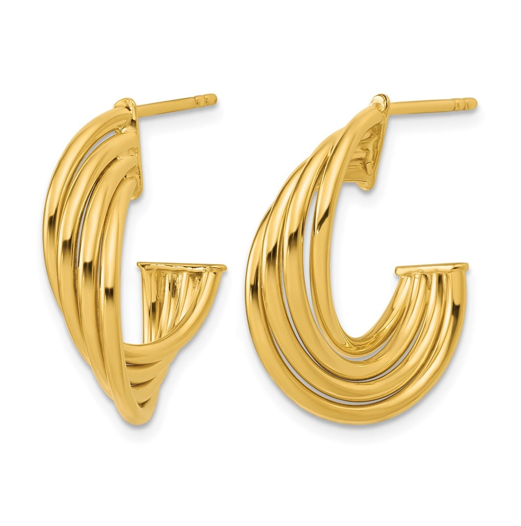 10k Yellow Gold Polished 3-Row Twist J-Hoop Post Earrings
