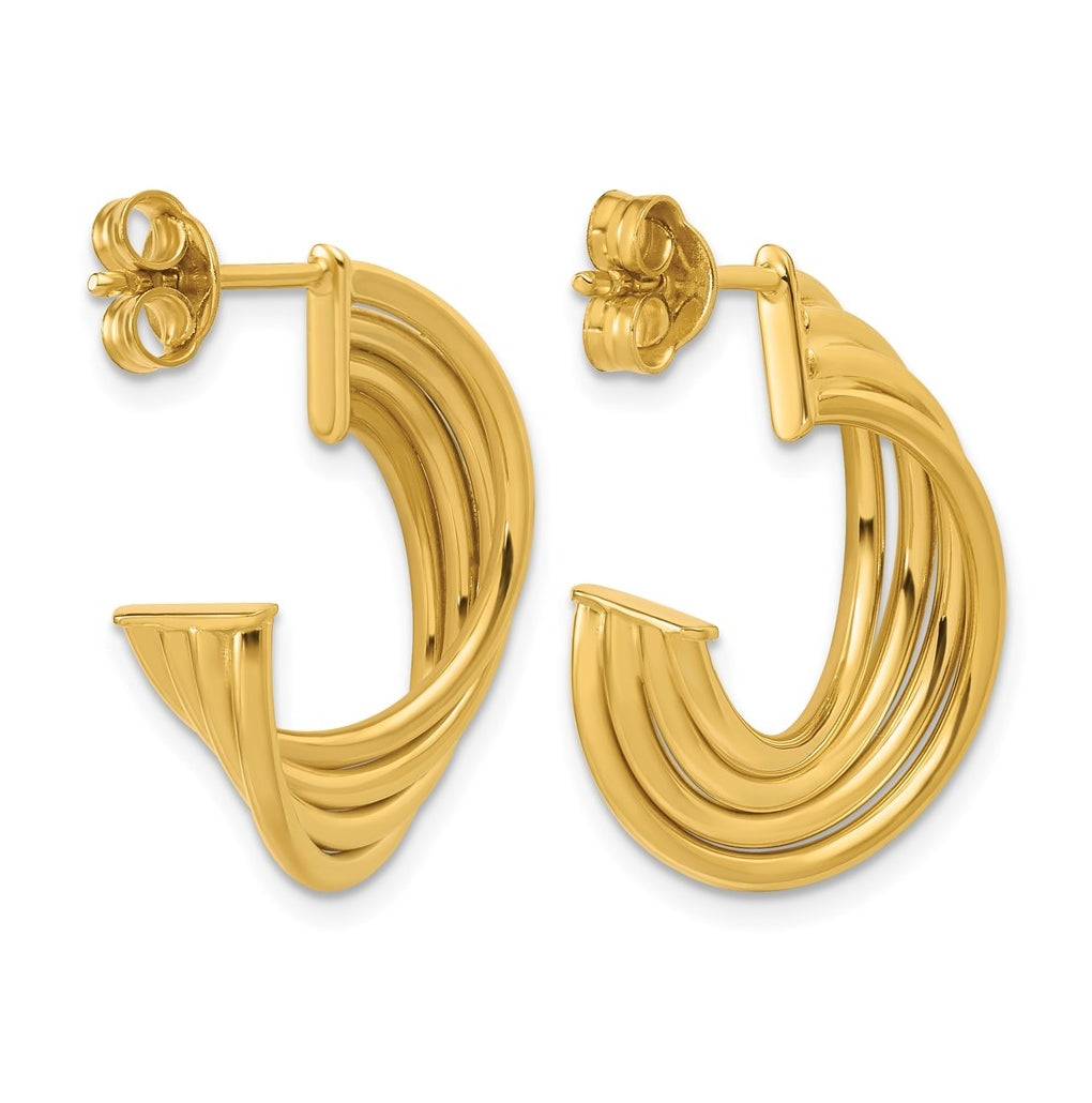 10k Yellow Gold Polished 3-Row Twist J-Hoop Post Earrings