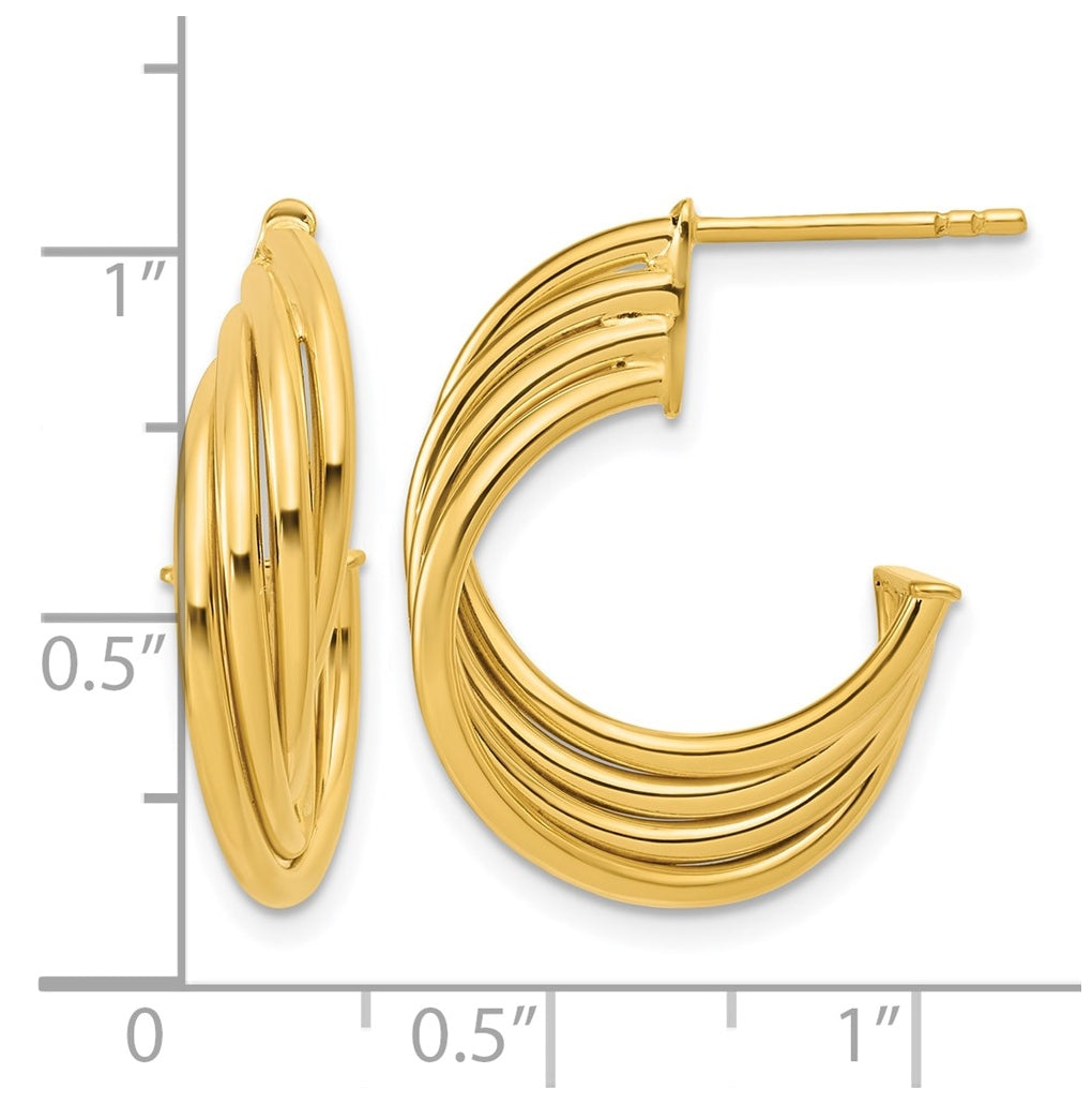 10k Yellow Gold Polished 3-Row Twist J-Hoop Post Earrings