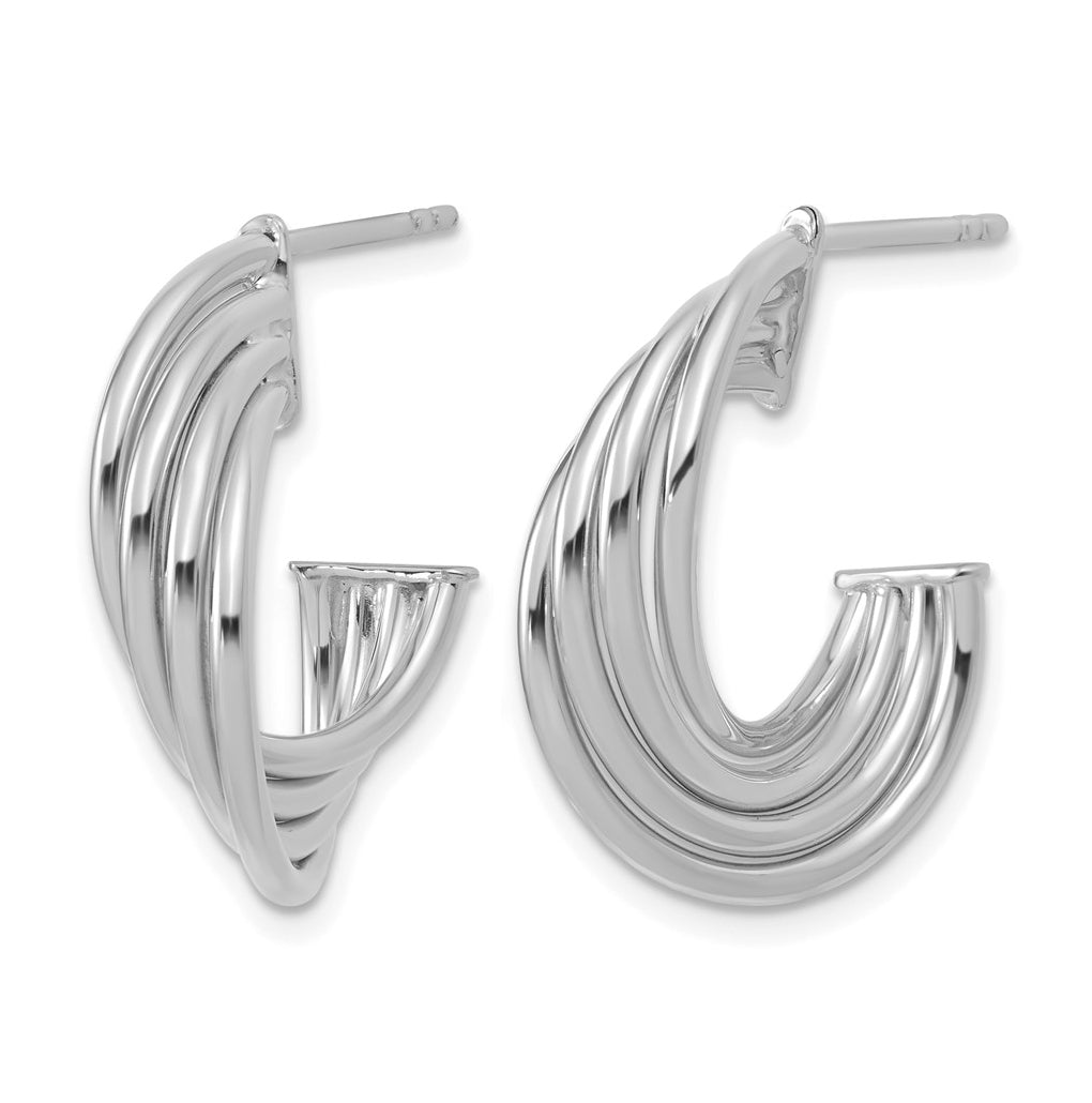 10K Yellow Gold w/Rhodium Polished 3-Row Twist J-Hoop Post Earrings