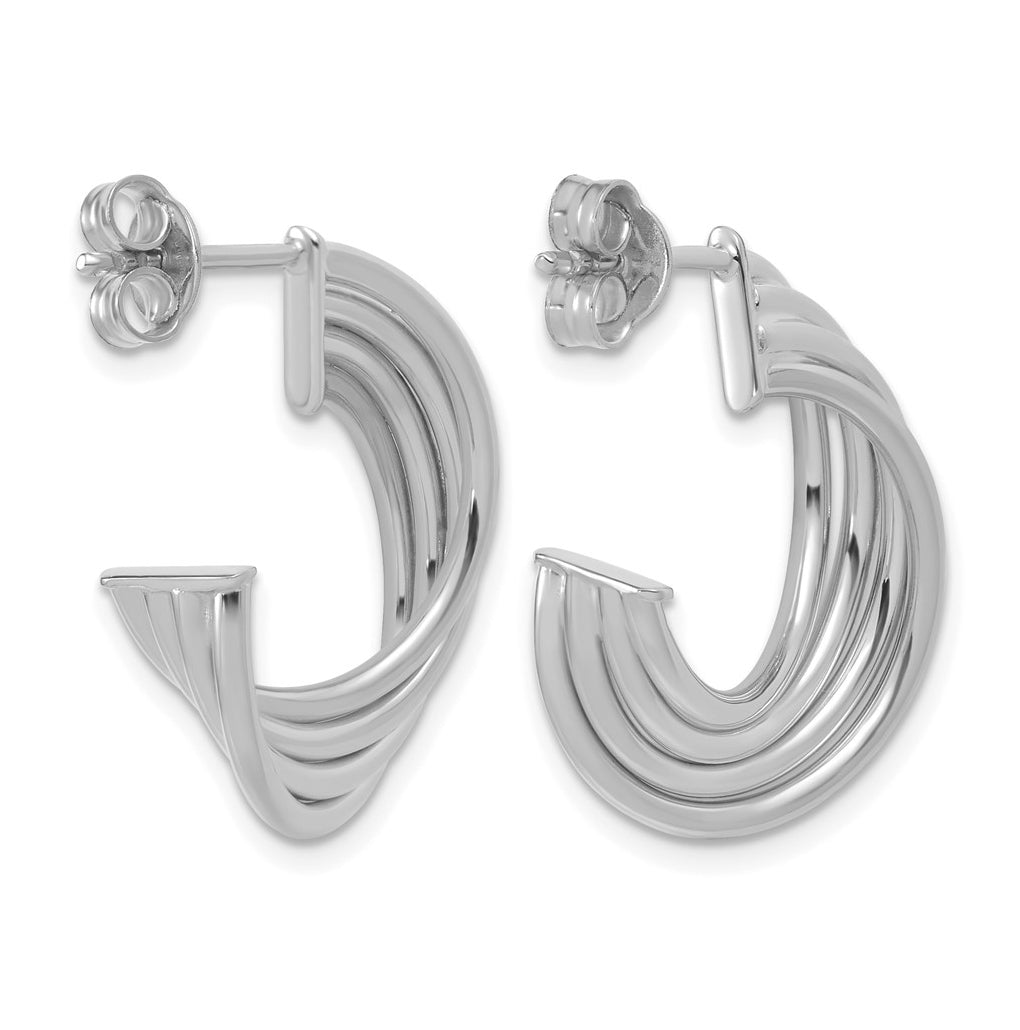 10K Yellow Gold w/Rhodium Polished 3-Row Twist J-Hoop Post Earrings