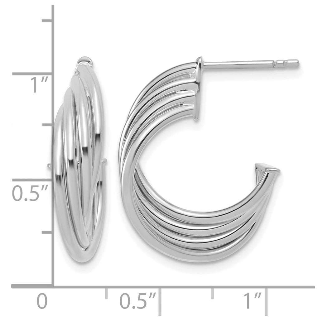 10K Yellow Gold w/Rhodium Polished 3-Row Twist J-Hoop Post Earrings