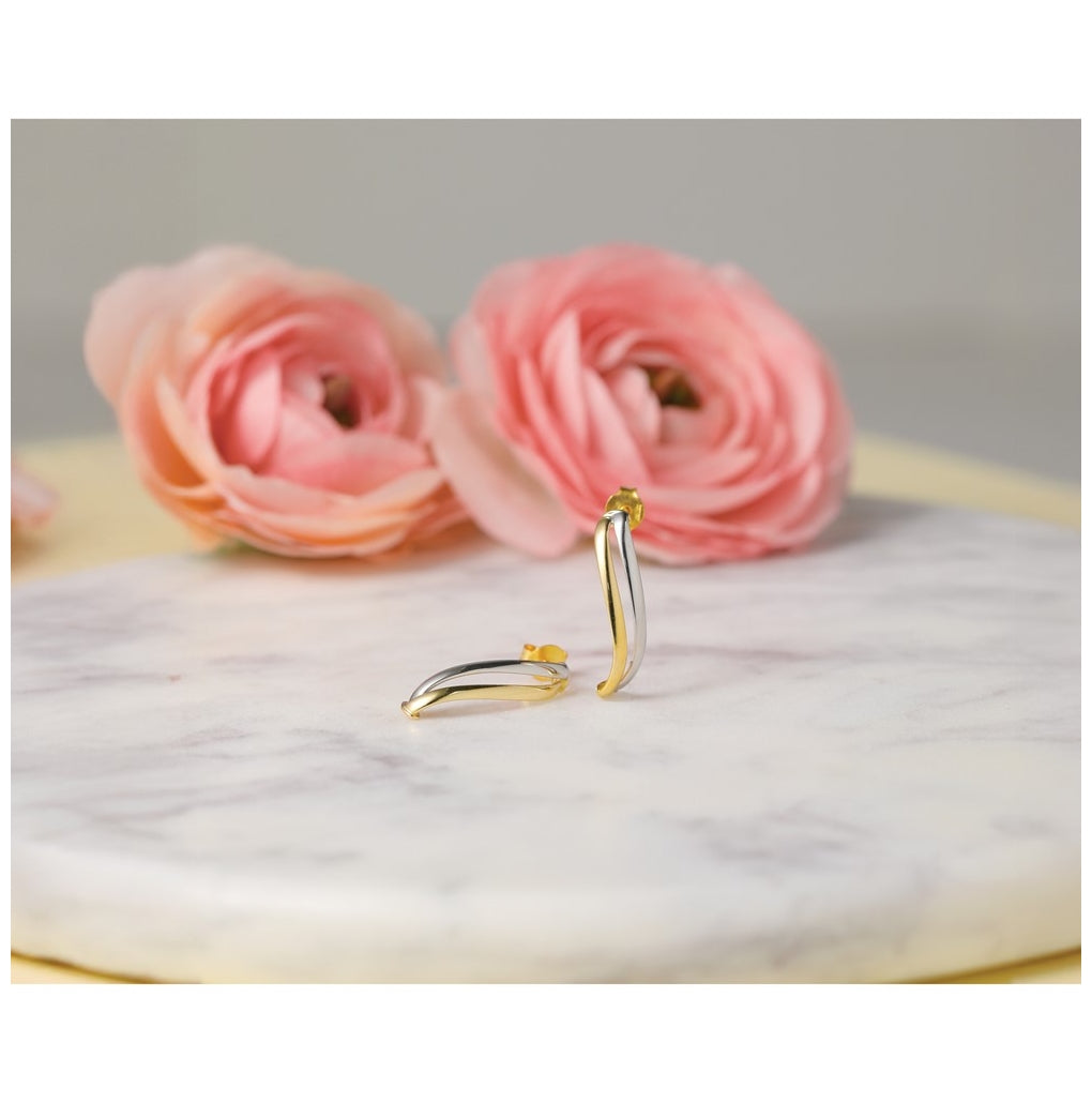 10K Yellow Gold w/Rhodium Polished Curve Post Earrings