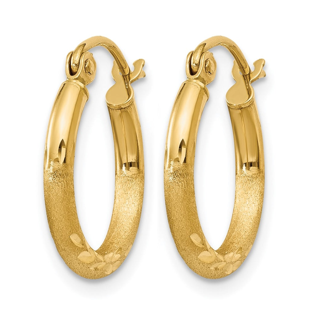 10K Yellow Gold Satin and D/C 2mm Round Tube Hoop Earrings