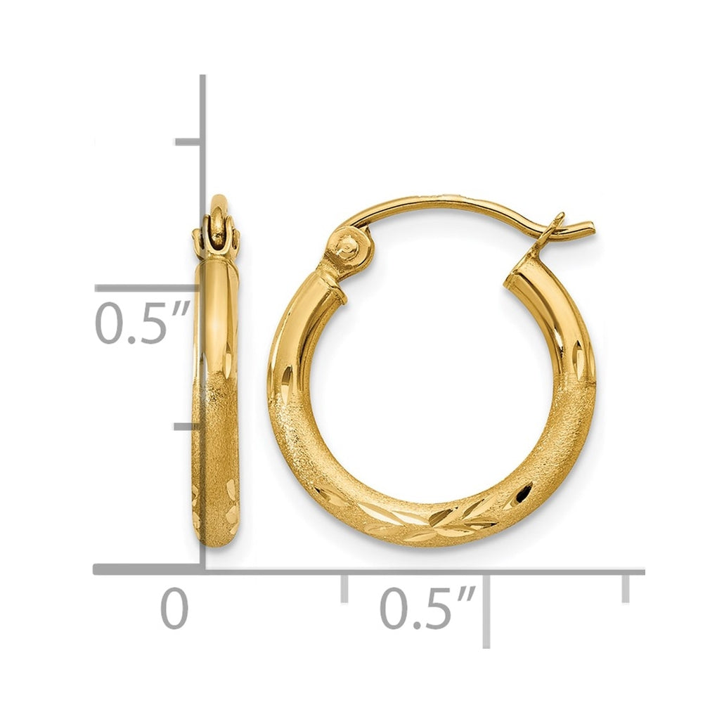 10K Yellow Gold Satin and D/C 2mm Round Tube Hoop Earrings