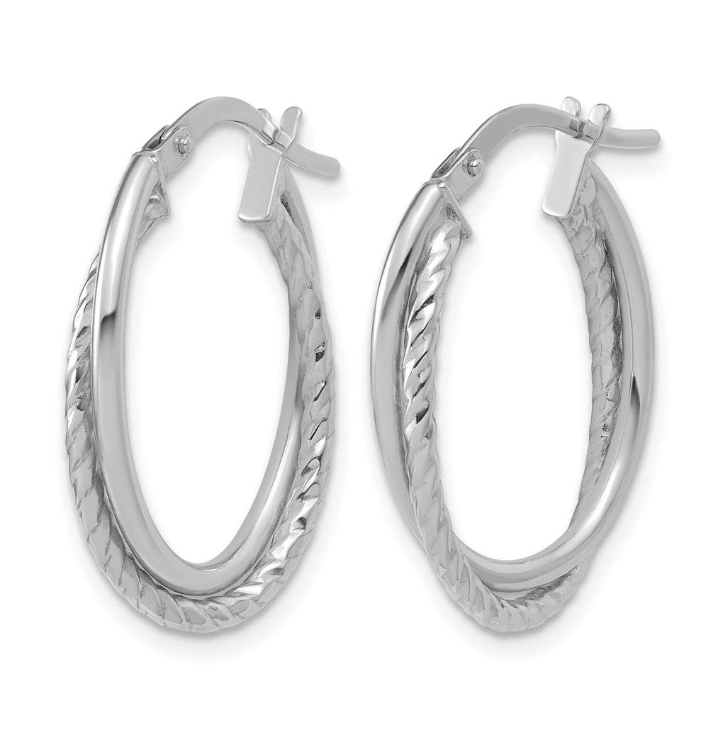 10K White Gold Polished Textured Oval Hoop Earrings