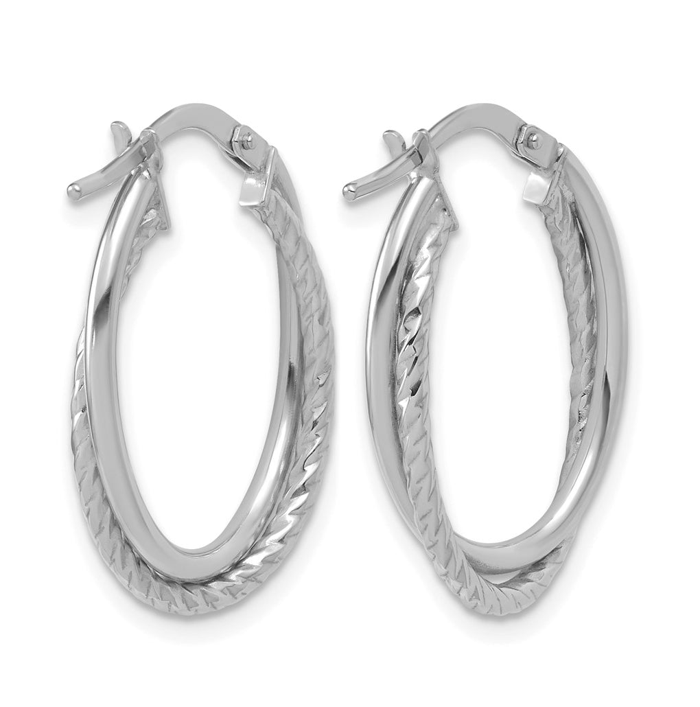 10K White Gold Polished Textured Oval Hoop Earrings