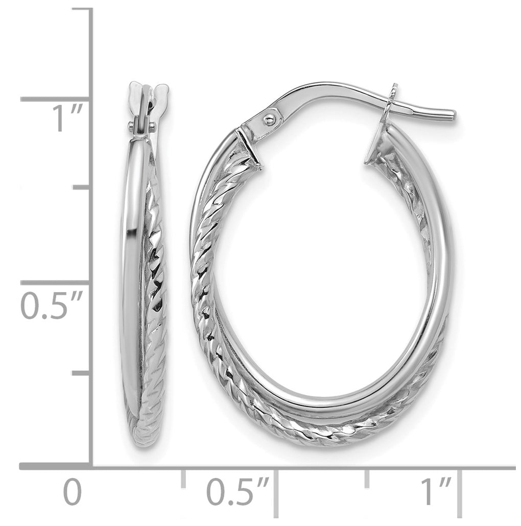 10K White Gold Polished Textured Oval Hoop Earrings