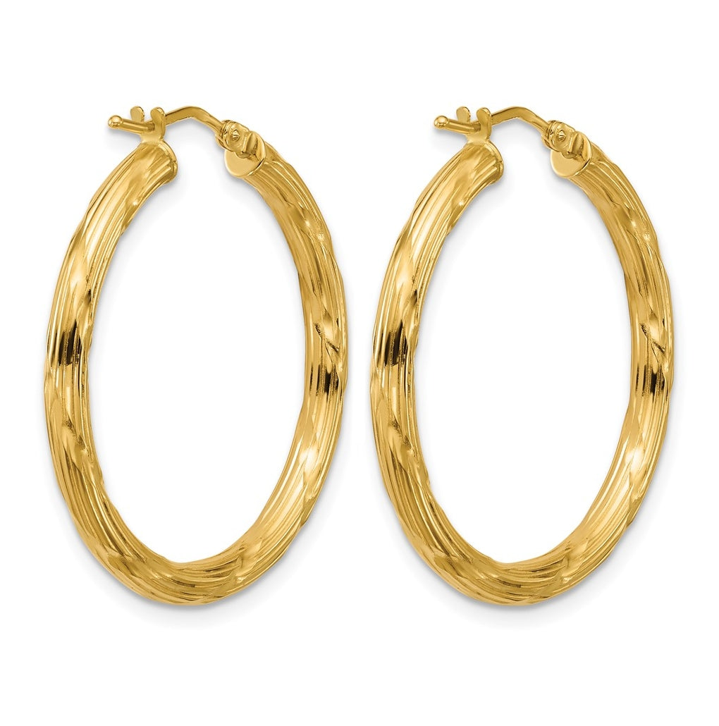 10k Yellow Gold Polished and Grooved Round Hoop Earrings