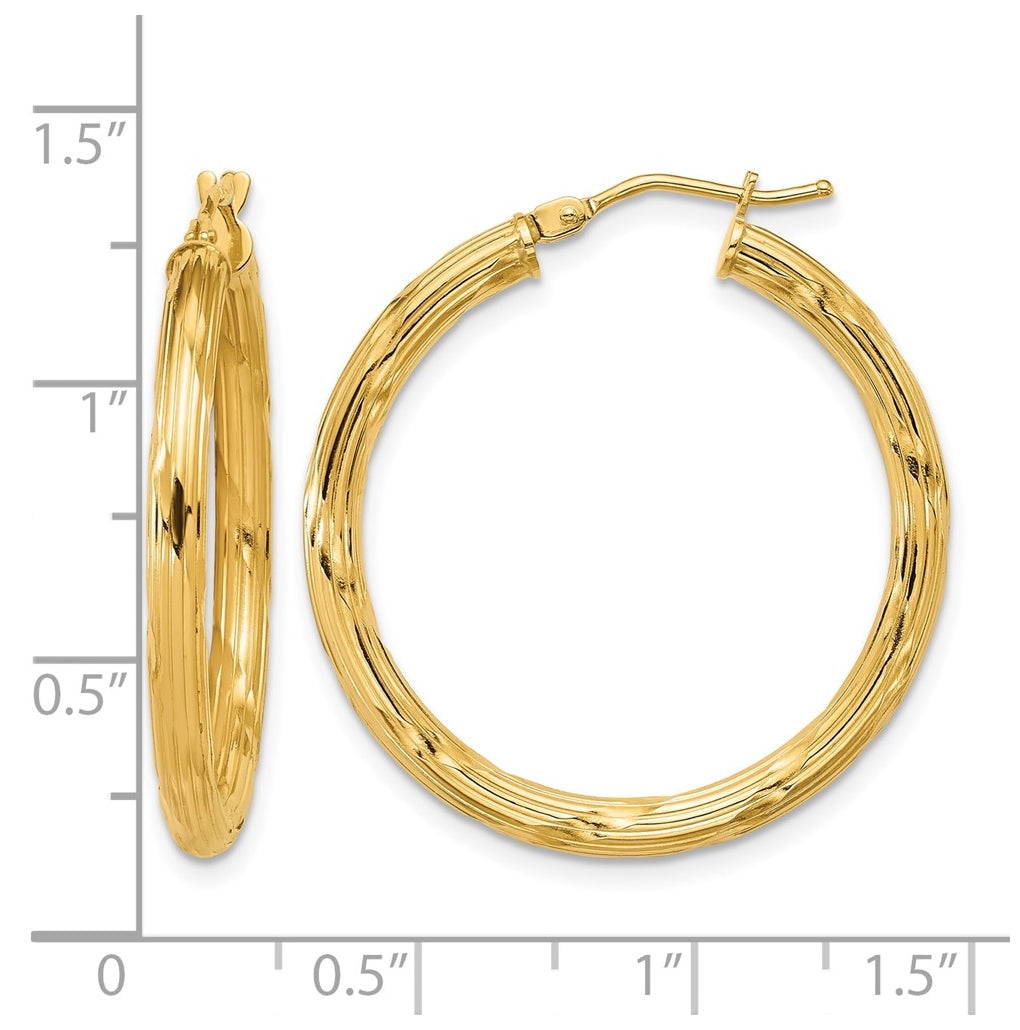 10k Yellow Gold Polished and Grooved Round Hoop Earrings