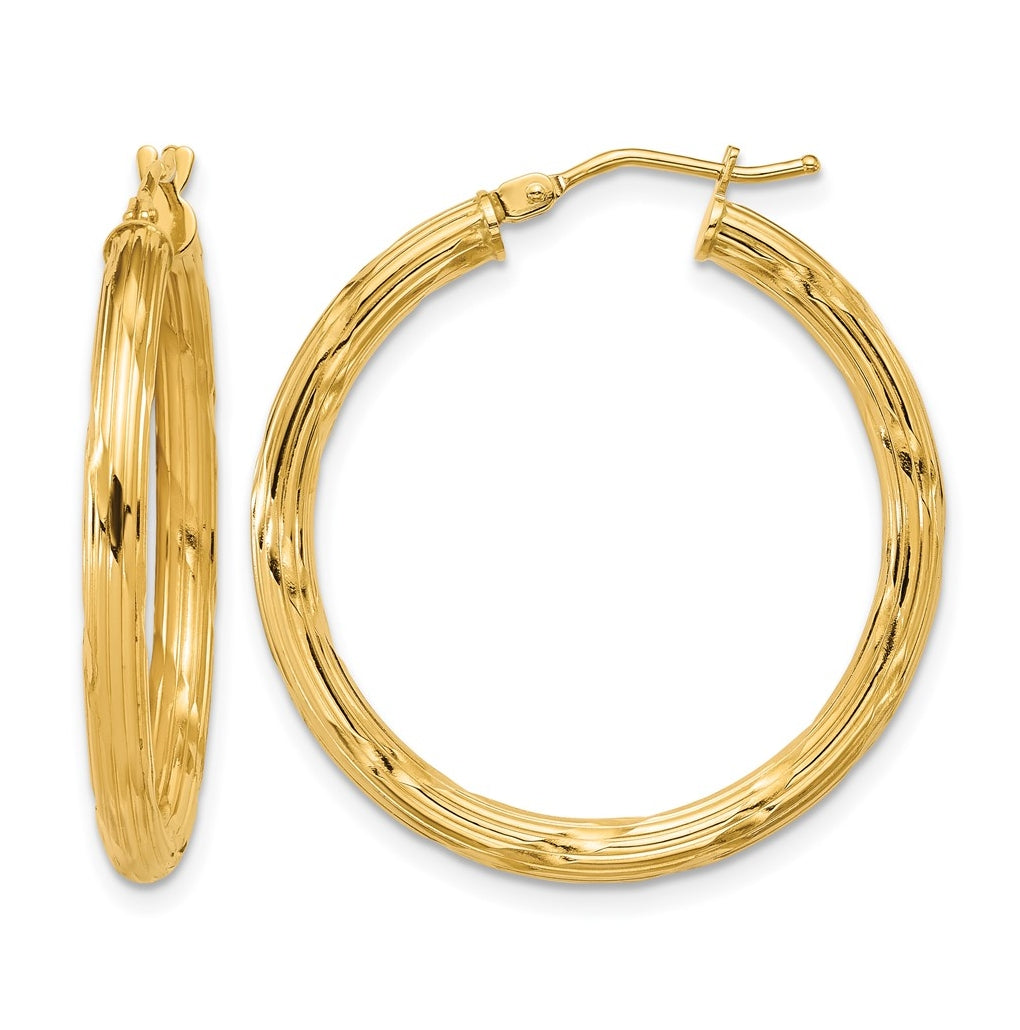 10k Yellow Gold Polished and Grooved Round Hoop Earrings