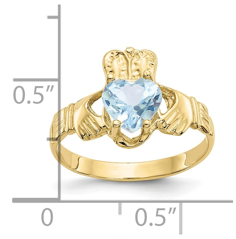 10K Yellow Gold March Birthstone Claddagh Ring
