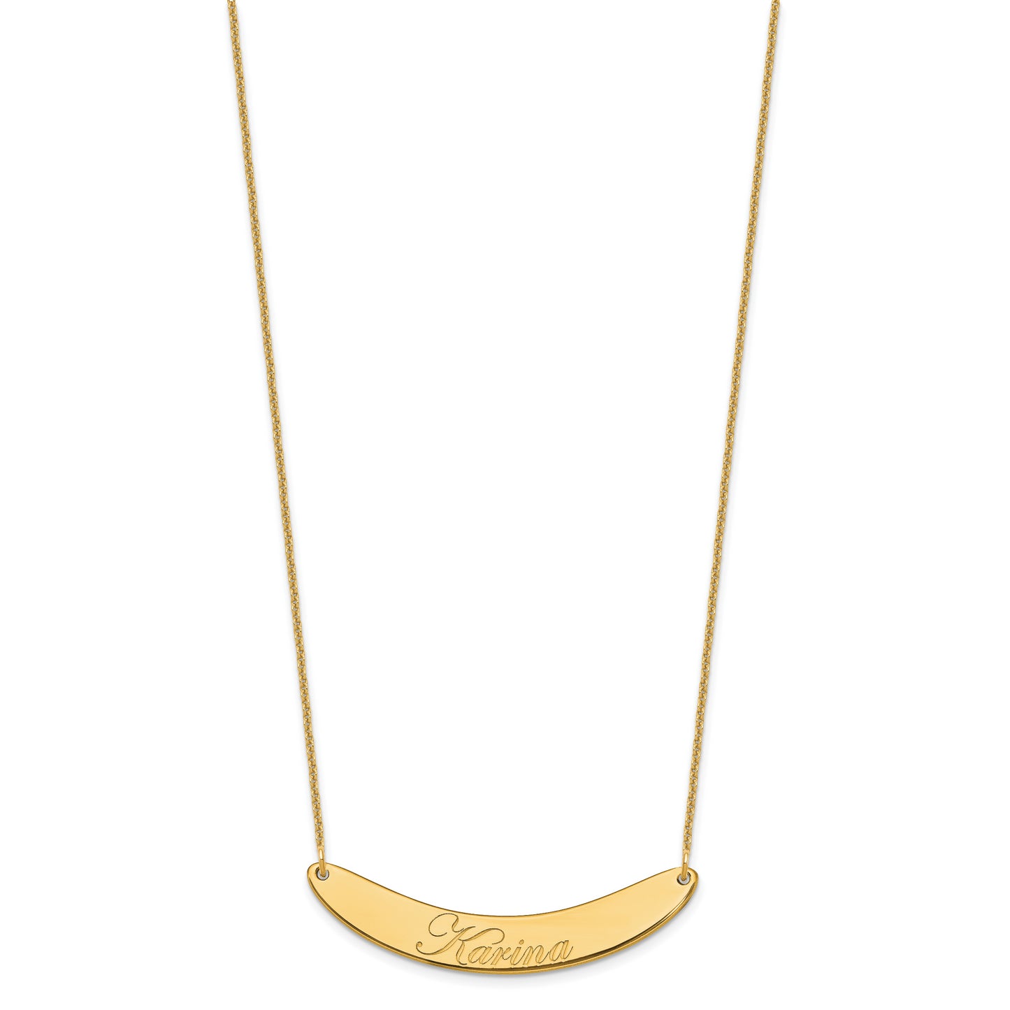 10K Yellow Gold Medium Polished Curved Edwardian Script Bar Necklace