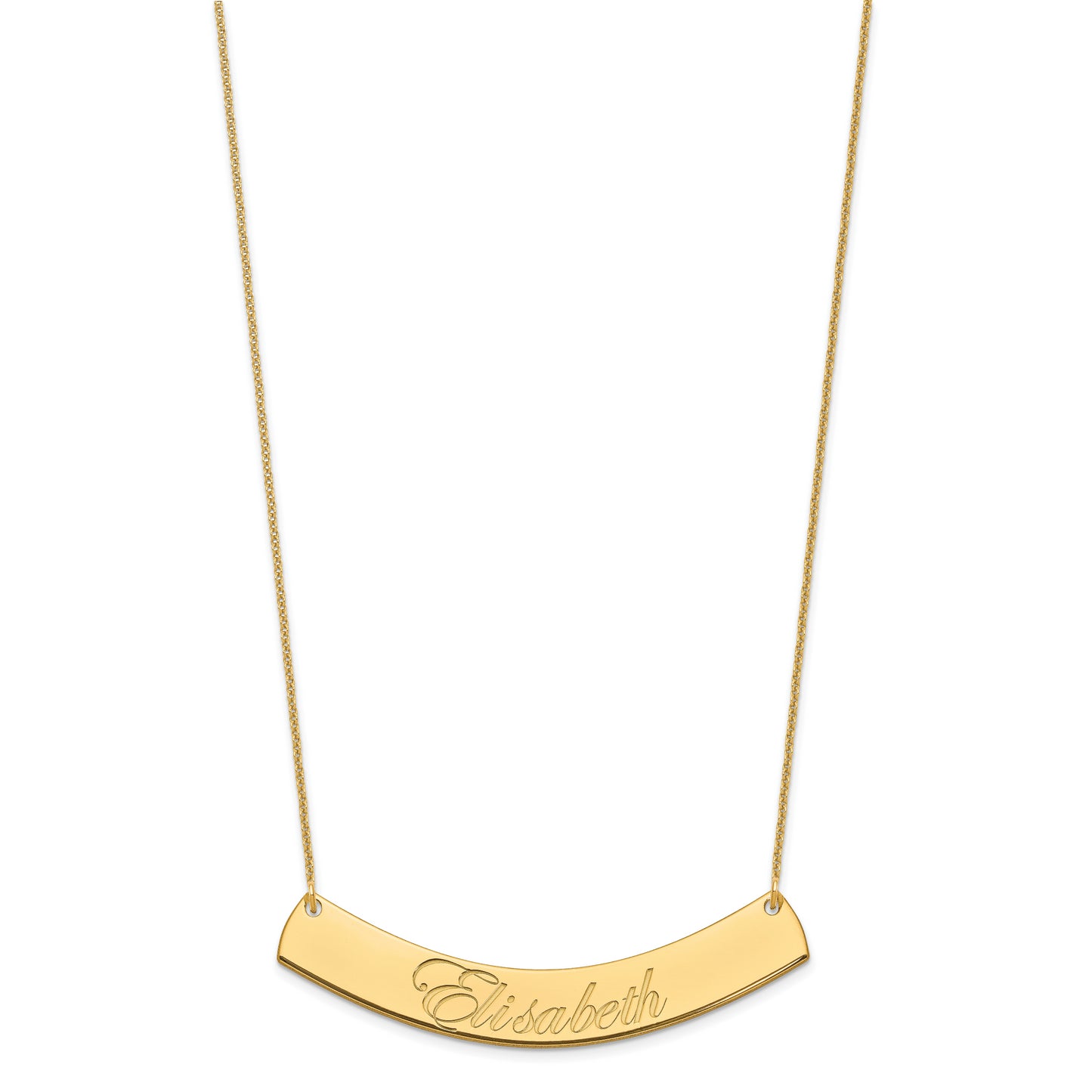 10K Yellow Gold Large Polished Curved Edwardian Script Bar Necklace