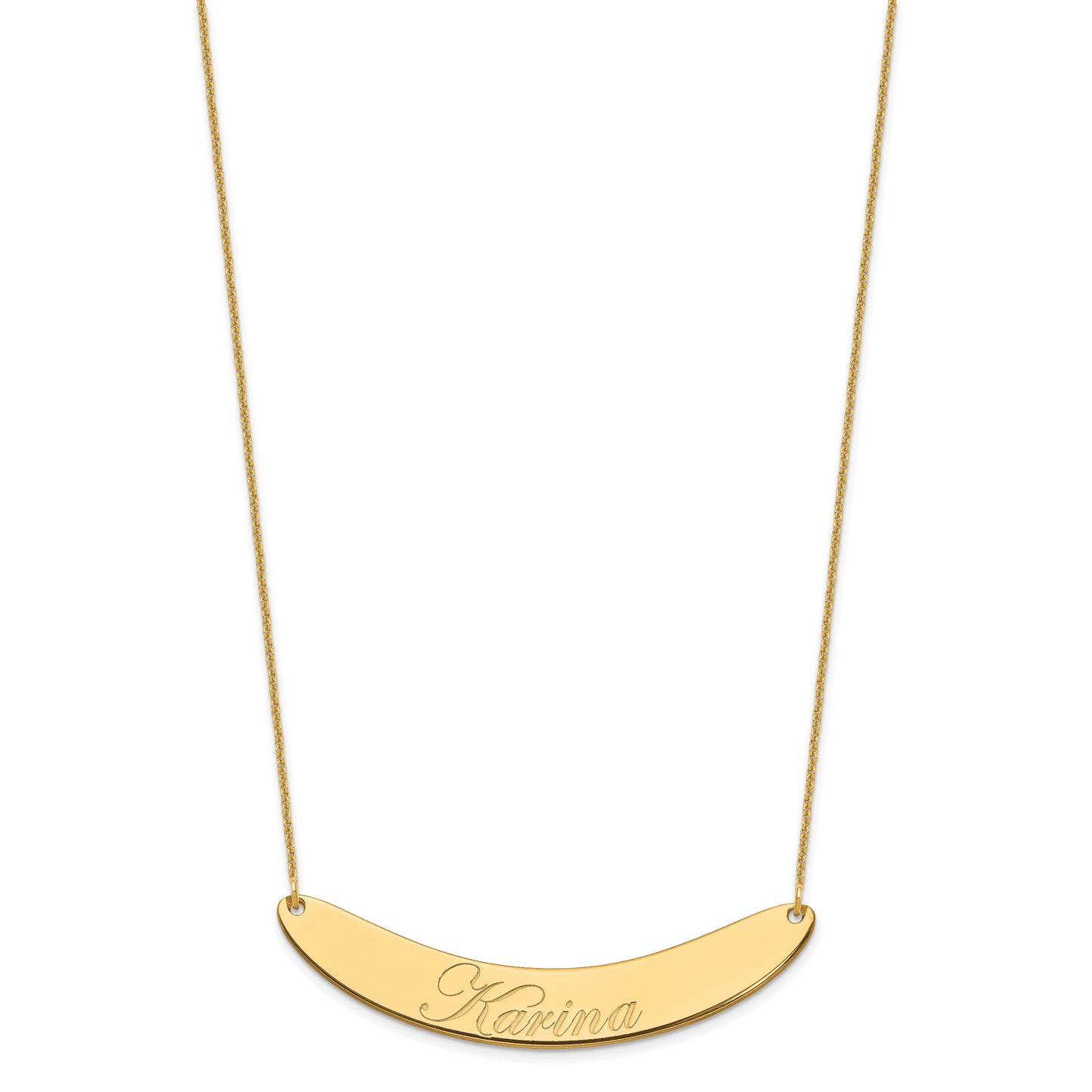 10K Yellow Gold Large Polished Curved Edwardian Script Bar Necklace