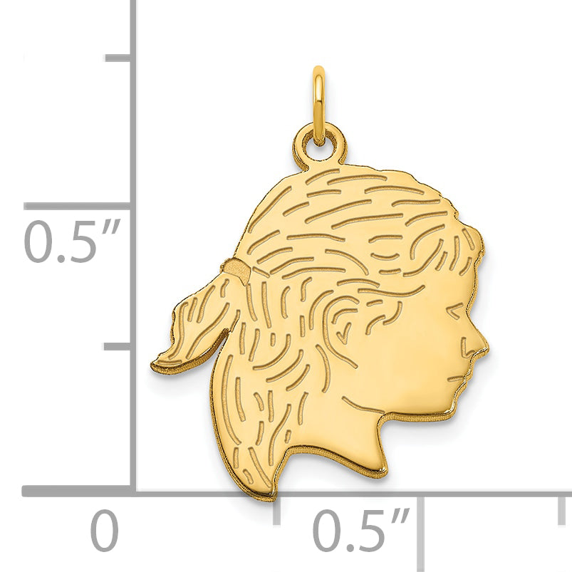 10K Yellow Gold Polished Girls Head Charm with Back Engraving