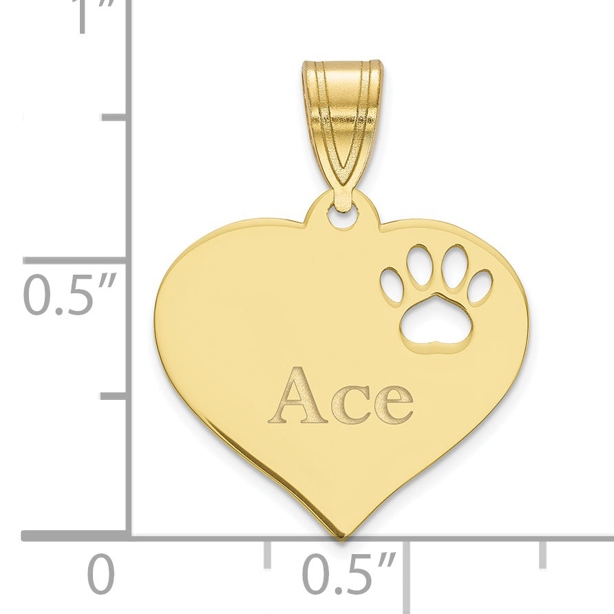 10K Yellow Gold Personalized Heart with Paw Print Cut Out Pendant