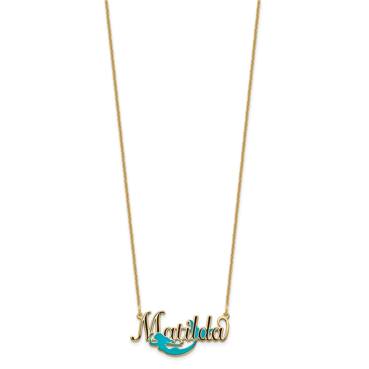10K Yellow Gold Enameled Name Plate Mermaid Necklace