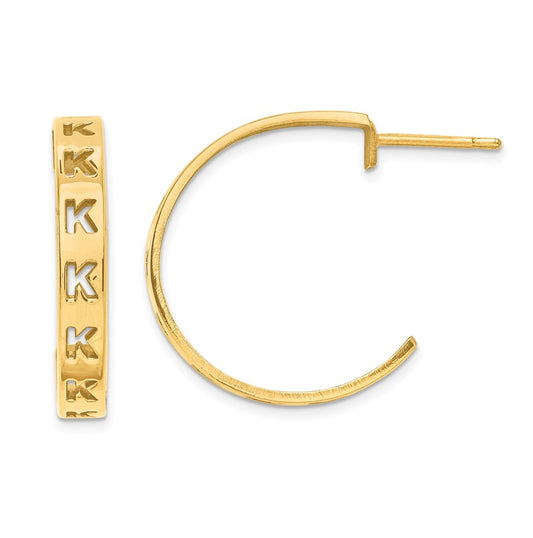 10K Yellow Gold Brushed Initial Post Hoop Earrings