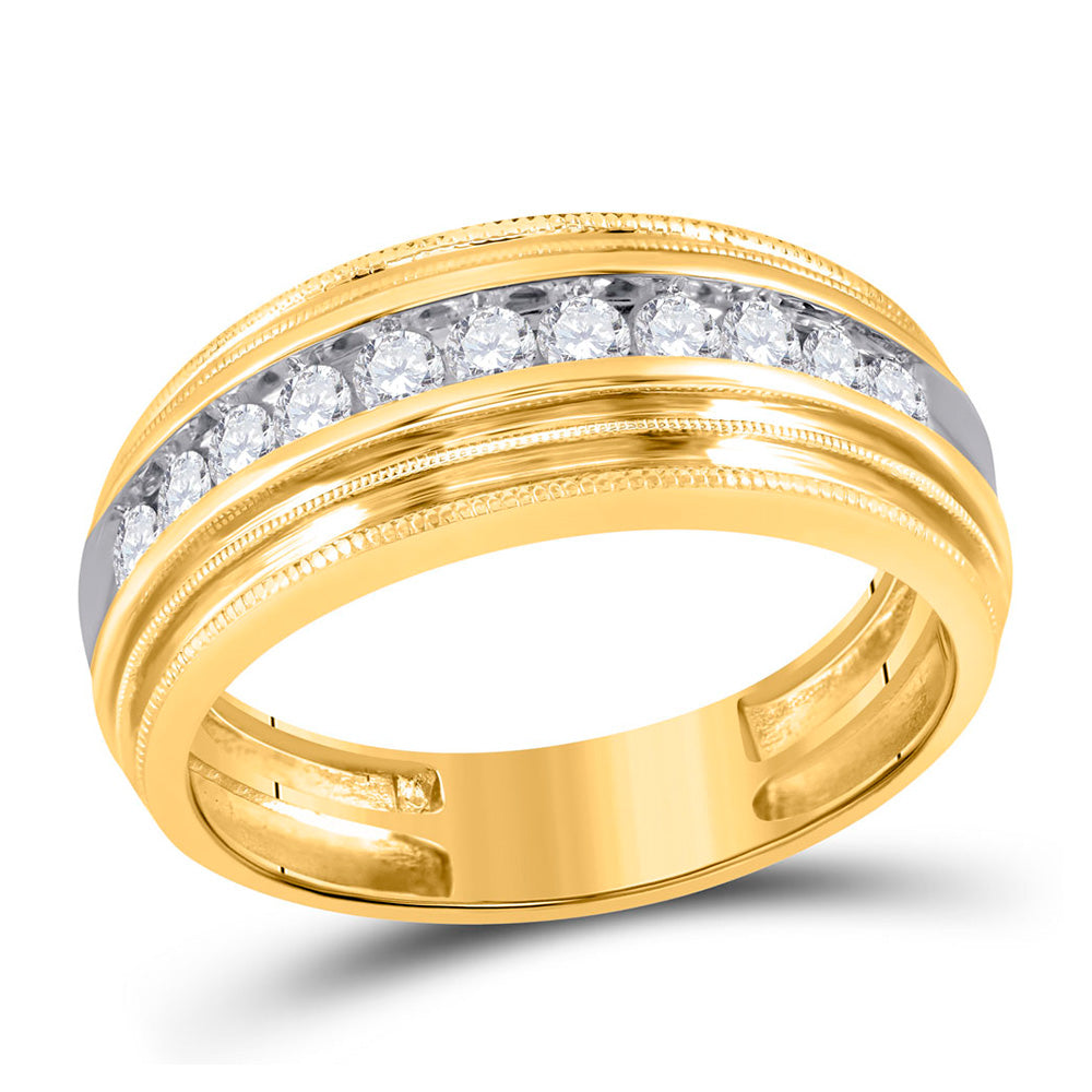 10K Yellow Gold Mens Round Diamond Milgrain Ridged Wedding Anniversary Band Ring 1/2 Cttw, Mens Size: 7-13
