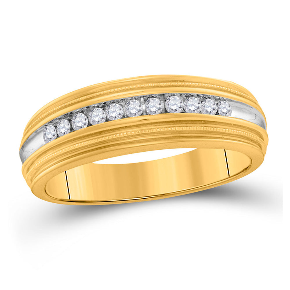 10K Yellow Gold Mens Round Diamond Two-tone Milgrain Wedding Anniversary Band Ring 1/4 Cttw, Mens Size: 7-13