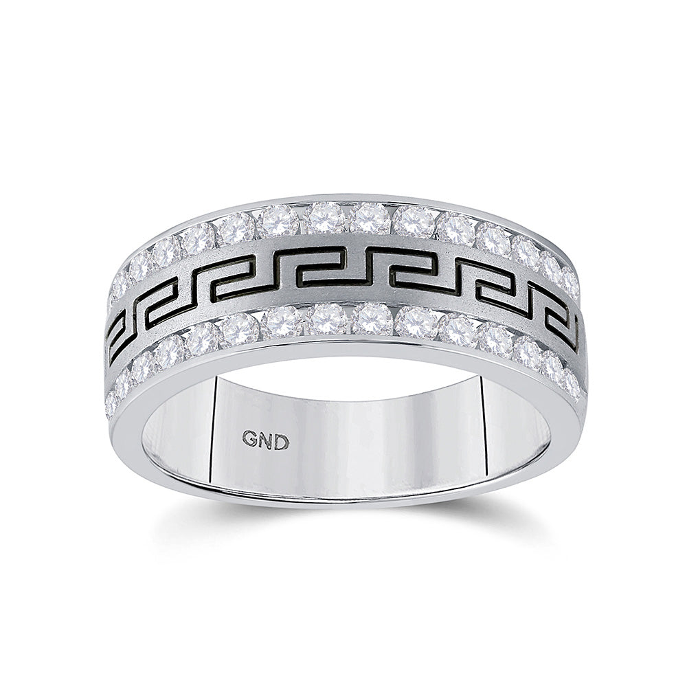 14K White Or Yellow Gold Mens Round Diamond Double Row Grecco Greek Key Wedding Band , Mens Size: 7-13