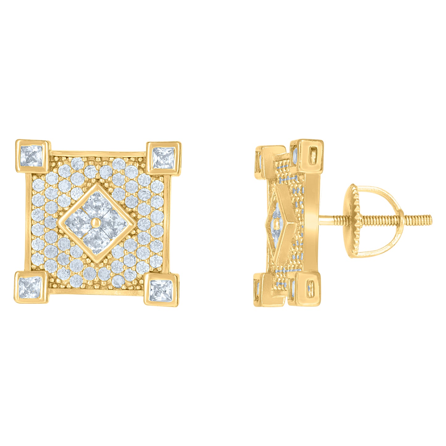 Sterling Silver Or Yellow-Tone Mens Princess-Cut Cubic-Zirconia Square Fashion Stud Earrings