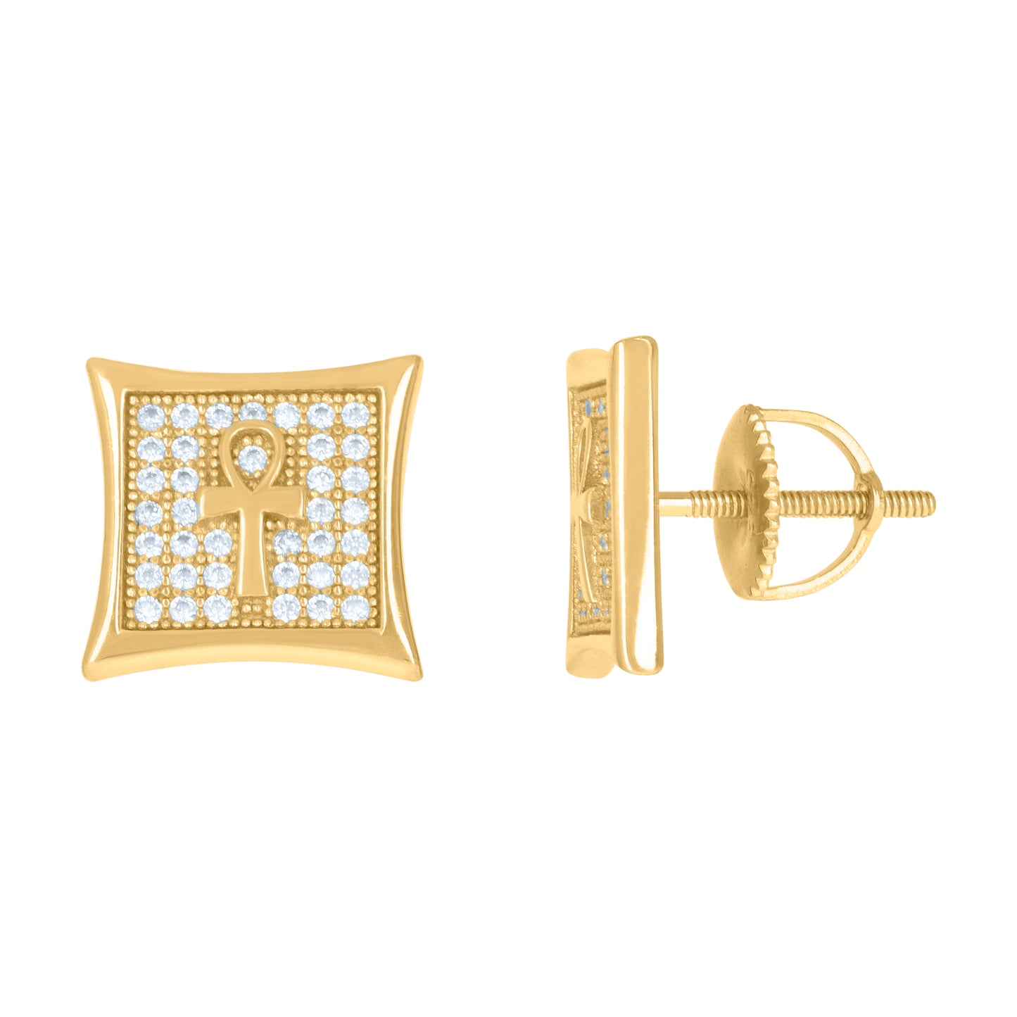 Sterling Silver Or Yellow-Tone Mens Cubic-Zirconia Ankh Cross Religious Stud Earrings