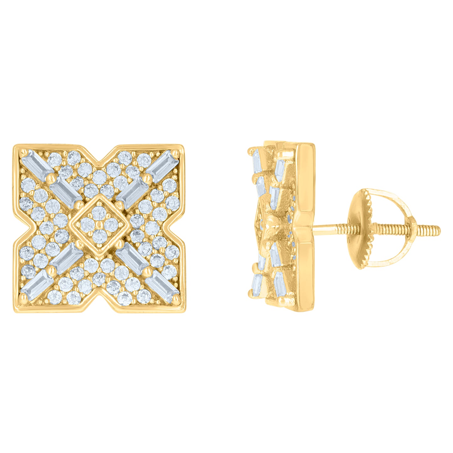 Sterling Silver Or Yellow-Tone Mens Baguette Cubic-Zirconia X Design Fashion Stud Earrings