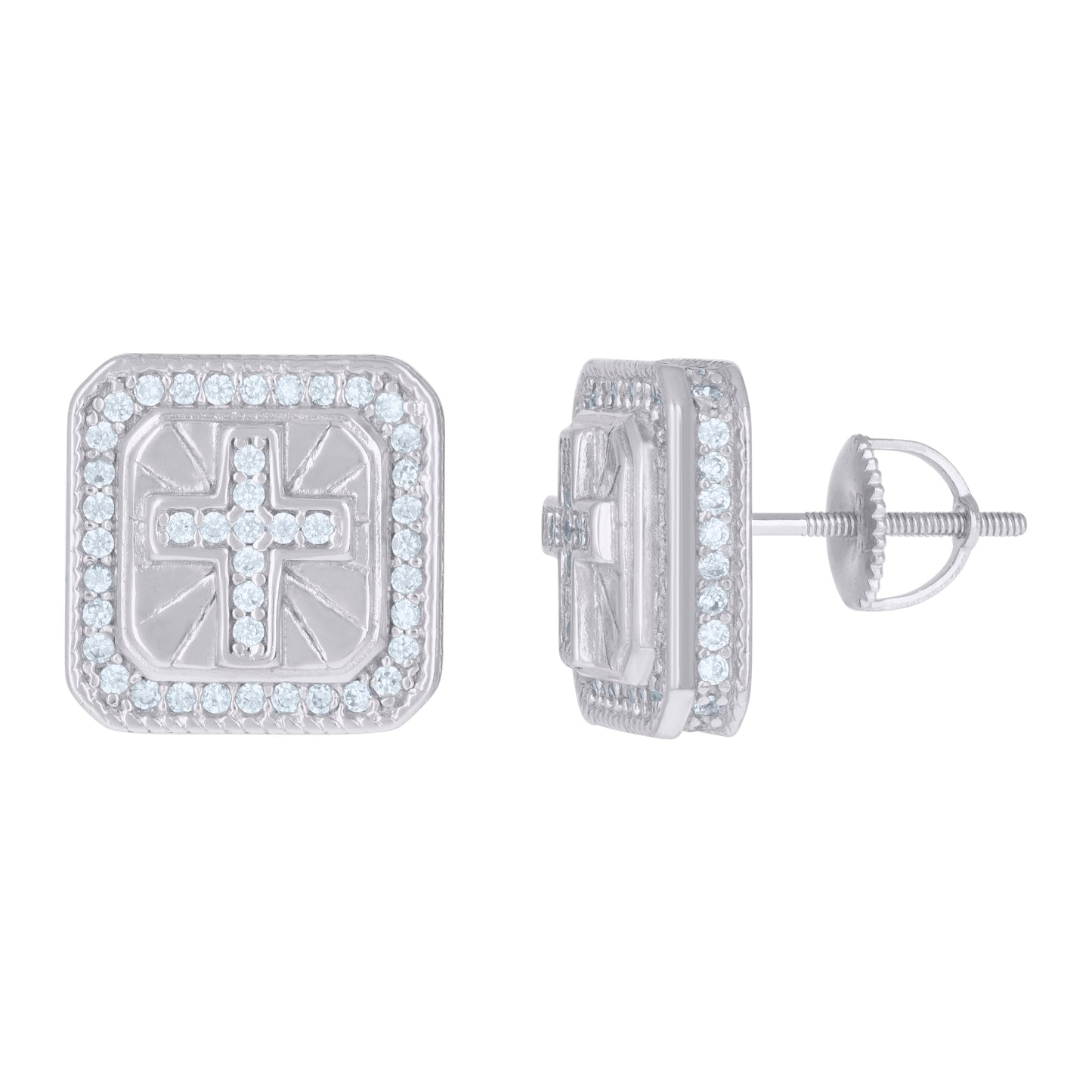 Sterling Silver Or Yellow-Tone Mens Cubic-Zirconia Square Cross Religious Stud Earrings
