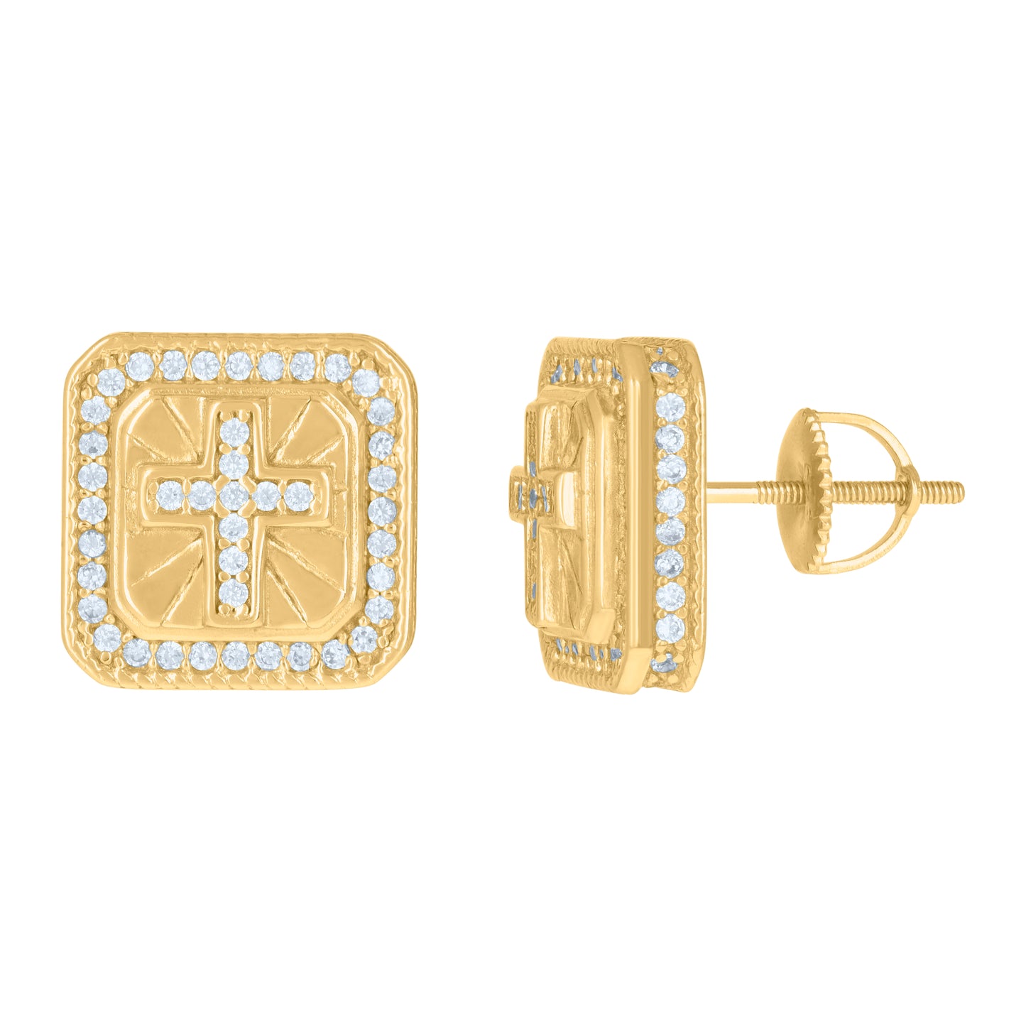 Sterling Silver Or Yellow-Tone Mens Cubic-Zirconia Square Cross Religious Stud Earrings