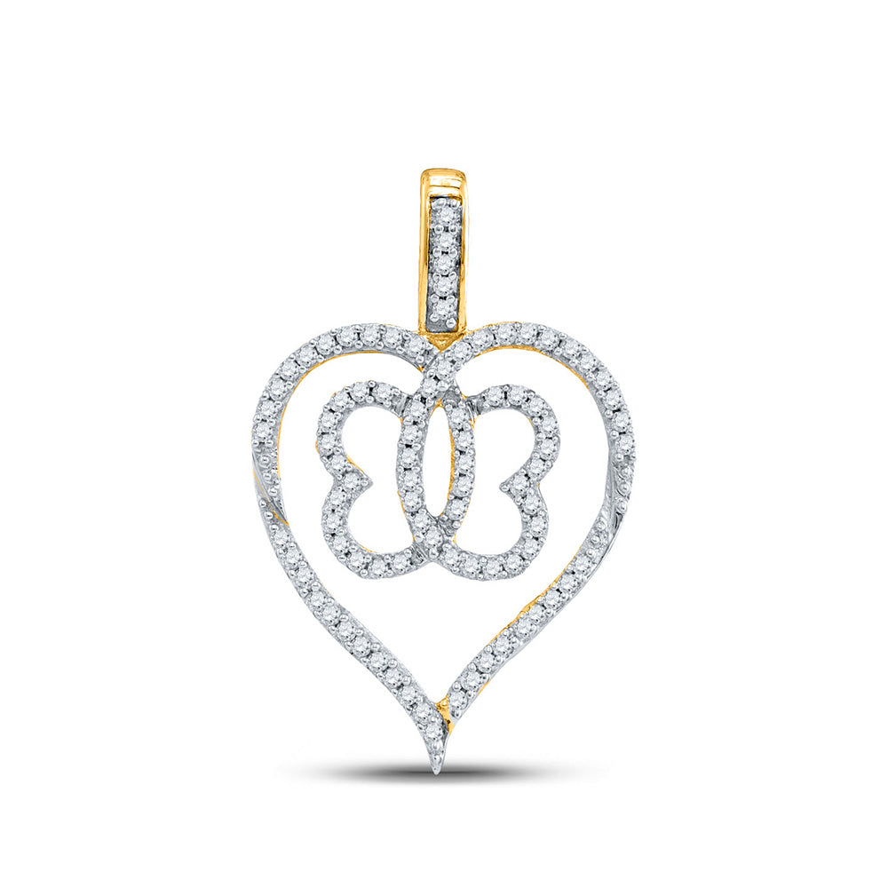 10K Yellow Gold Womens Round Diamond Butterfly Heart Pendant 1/3 Cttw, Length: 1.09 In, Width: 0.35 In