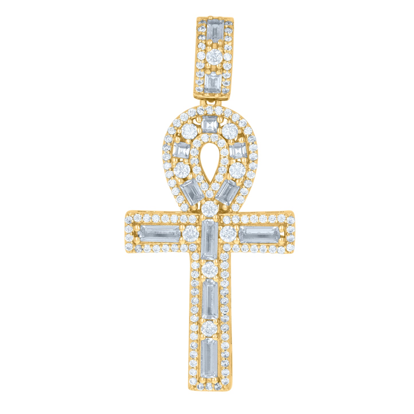 Sterling Silver Mens Baguette Cubic-Zirconia Egyptian Ankh Religious Charm Pendant