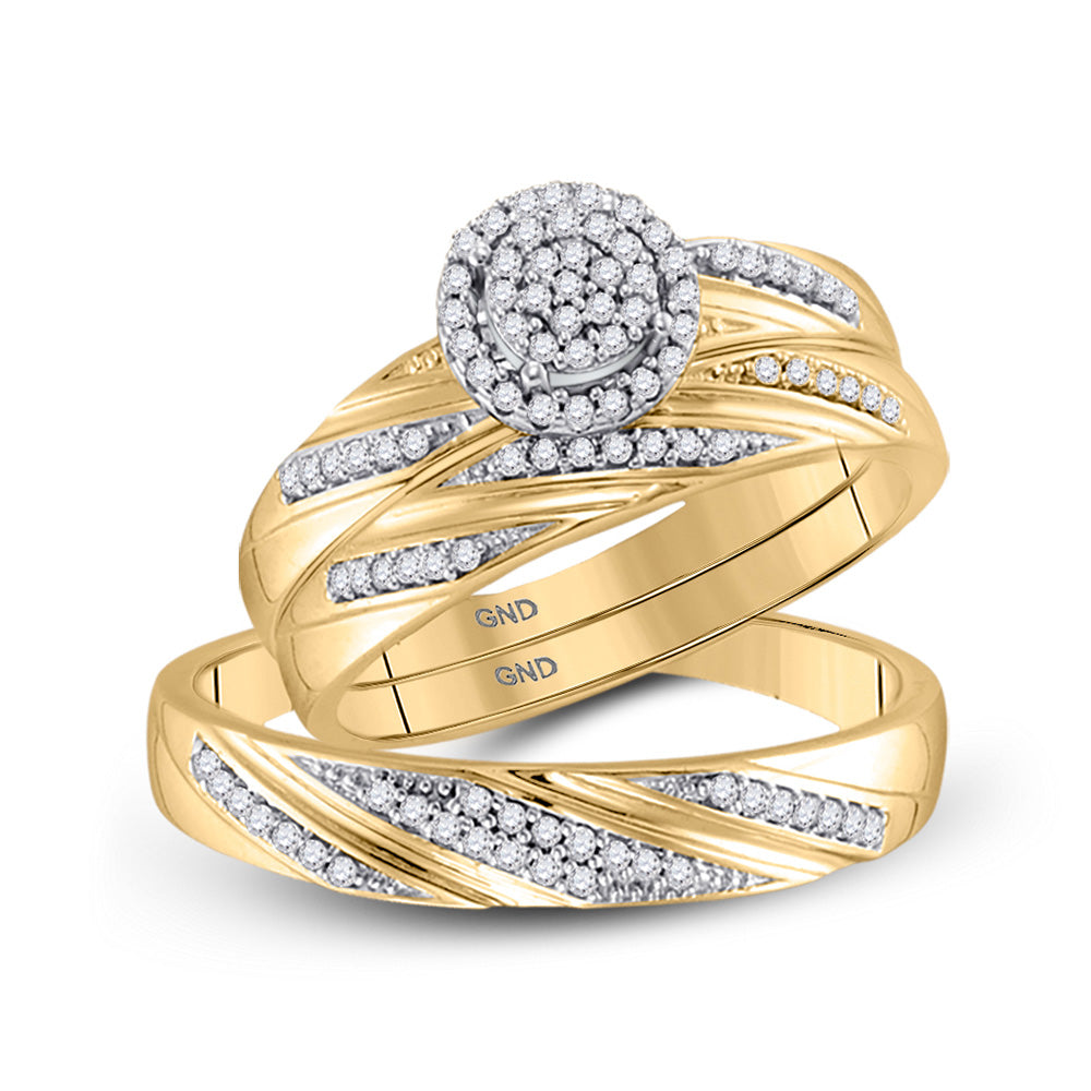10K Yellow Gold His Hers Round Diamond Cluster Matching Wedding Set 1/3 Cttw, Womens Size: 5-10, Mens Size: 7-13