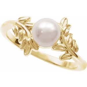14K Yellow Gold Cultured White Akoya Pearl Pearl 6 Mm Polished Nature Inspired Ring Size 7