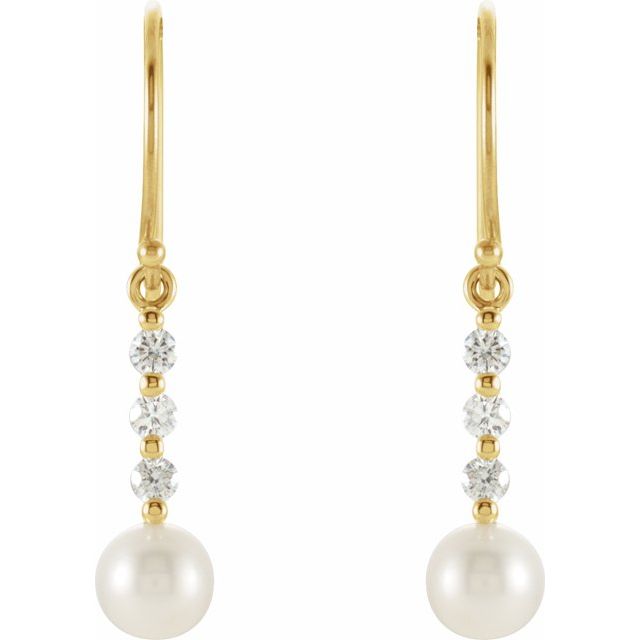 14K Yellow Gold 5.5-6.0 Mm Backless Polished Cultured White Freshwater Pearl And 1/4 Ctw Natural Diamond Earrings