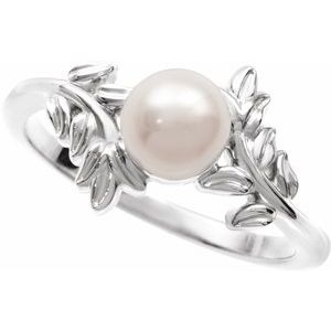Sterling Silver Cultured White Akoya Pearl Pearl 6 Mm Polished Nature Inspired Ring Size 7