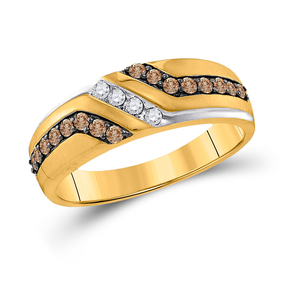 10K Yellow Gold Mens Round Brown Diamond Wedding Anniversary Band Ring 1/3 Cttw, Mens Size: 7-13