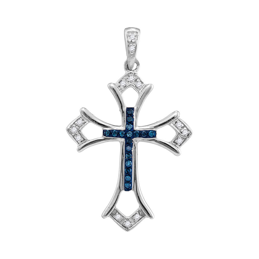 Sterling Silver Womens Round Blue Color Enhanced Diamond Cross Pendant 1/10 Cttw, Length: 1.24 In, Width: 0.78 In
