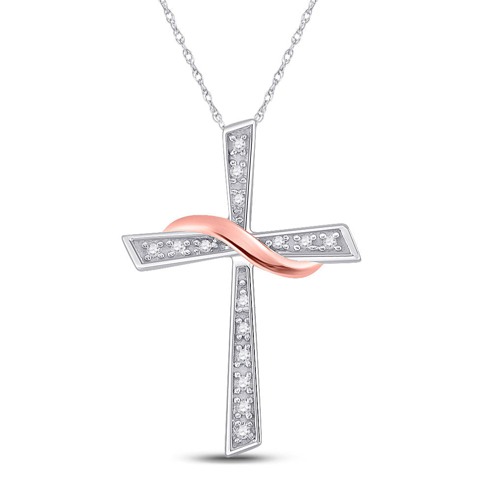 Two-tone Sterling Silver Womens Round Diamond Cross Pendant 1/20 Cttw, Length: 0.56 In, Width: 0.66 In