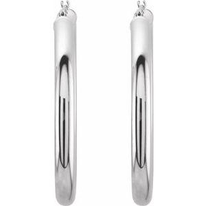 14K White Gold Pair Round Tube Hoop Earrings, Length: 40 Mm, Thickness: 4 Mm