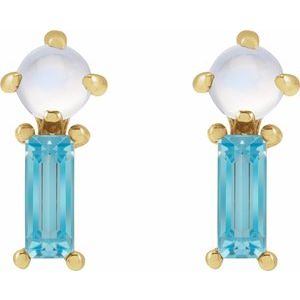 14K Yellow Gold Round 3 Mm Natural Moonstone And Natural Swiss Blue Topaz 2-Stone Earrings