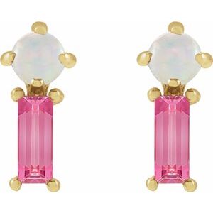 14K Yellow Gold Round 3 Mm Natural White Opal And Natural Pink Tourmaline 2-Stone Earrings