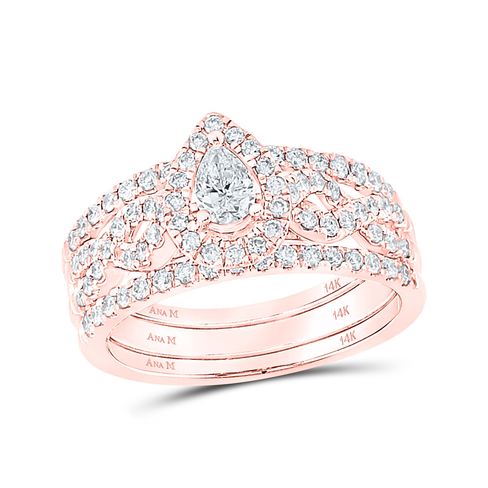 14K Rose Gold Pear Diamond 3-Piece Bridal Wedding Ring Band Set 7/8 Cttw, Womens Size: 5-10