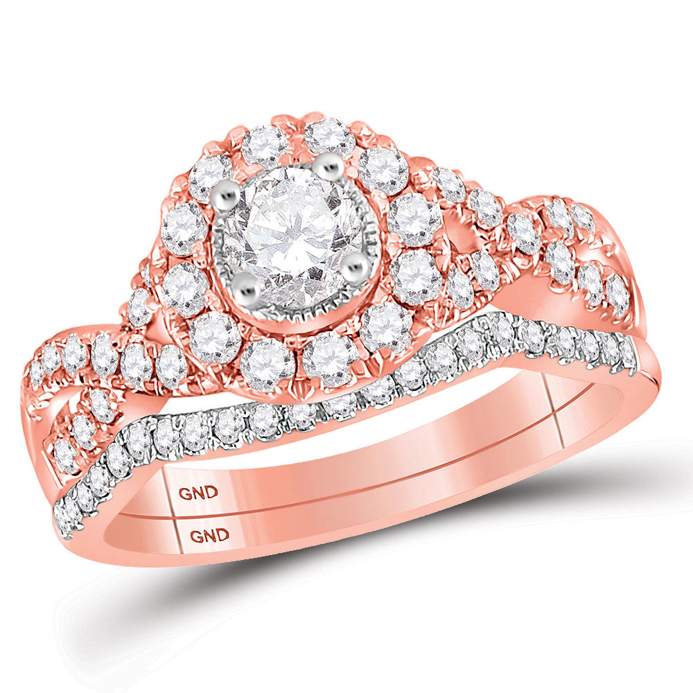 14K Rose Gold Round Diamond Twist Bridal Wedding Ring Band Set 1 Cttw, Womens Size: 5-10