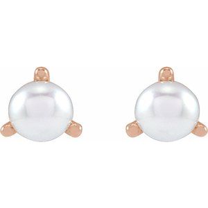 14K Rose Gold Pearl 3 Mm Cultured White Seed Pearl 3-Prong Earrings