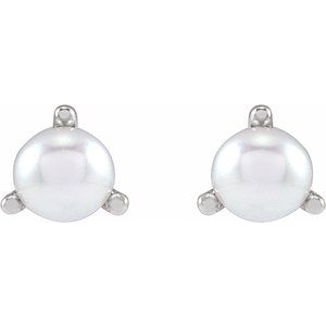Sterling Silver Pearl 3.5 Mm Cultured White Seed Pearl 3-Prong Earrings