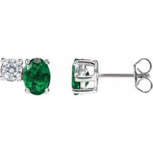14K White Gold Oval 7 X 5 Mm Lab-Grown Emerald And 1/2 Ctw Lab-Grown Diamond Earrings